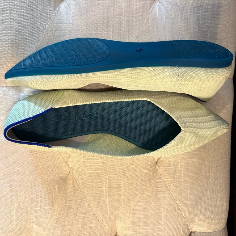 Rothy's Pointed Toe Flats in Pale Yellow with Teal Insole
